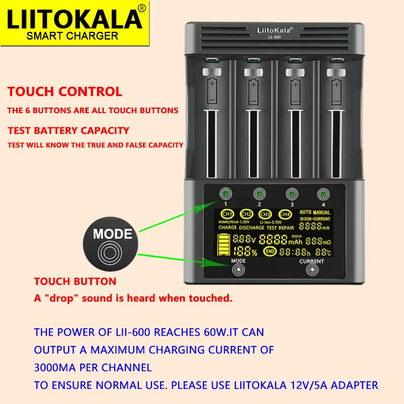 Lii-600 Battery Charger 12V5A for Li-Ion 3.7V and Nimh 1.2V Battery Lii-202 402 Lii-S8 S12 Lii-500 18650 26650 AA AAA
