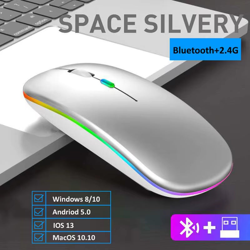 LED Wireless Mouse USB Rechargeable Bluetooth-Compatible RGB Mouse Silent Ergonomic Mouse with Backlight for Laptop PC Ipad
