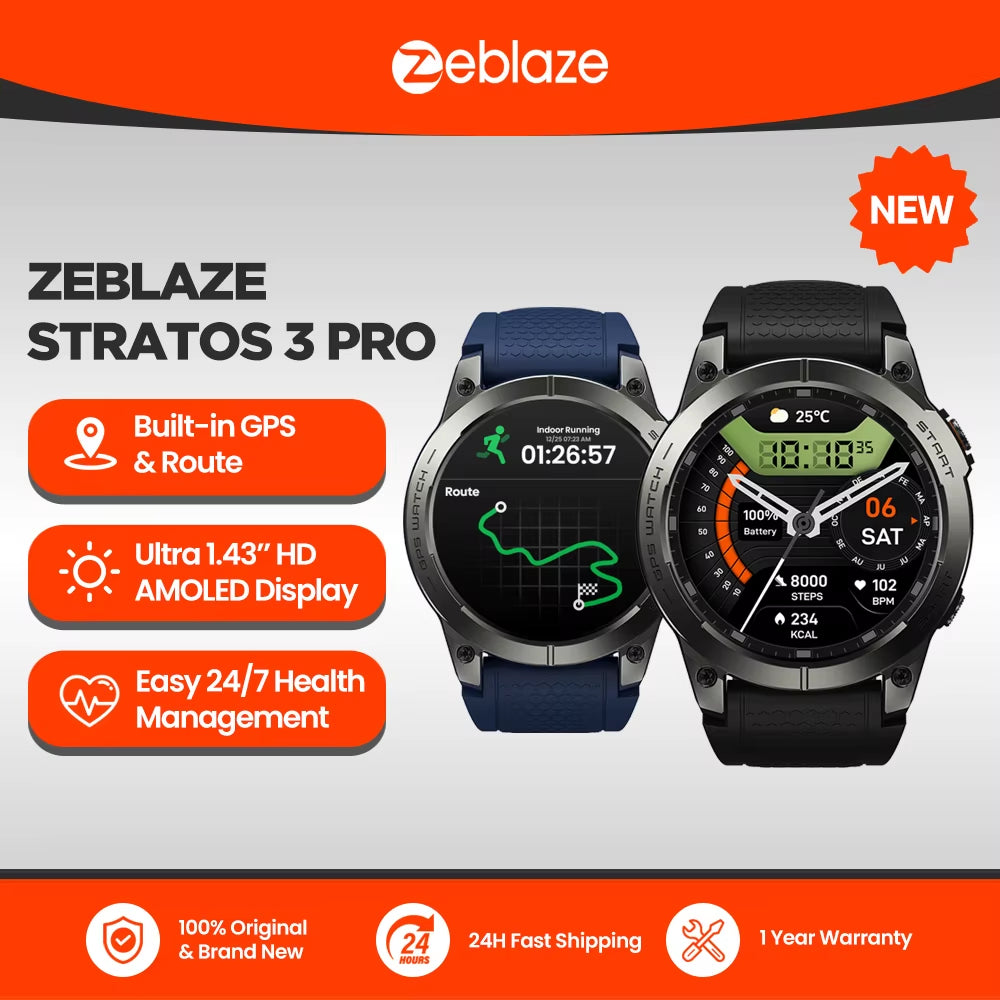 New  Stratos 3 PRO GPS Smart Watch 1.43” HD AMOLED Display Built-In GPS Bluetooth Phone Calls Sports Smartwatch for Men