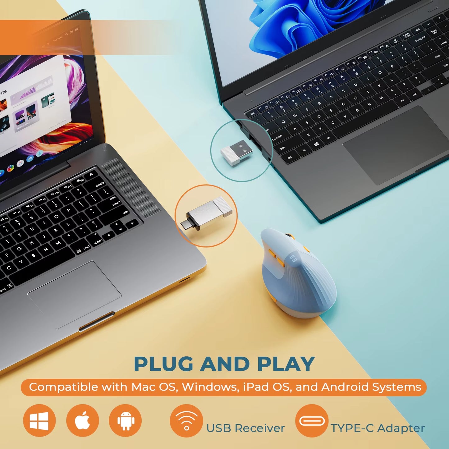 Vertical Wireless Mouse Type C Rechargeable Ergonomic USB & Type C Mice for Laptop Laptop PC Macbook Windows Android